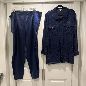 Isaac Mizrahi sequin oversize shirt & pants in navy,  Ladies 2X
